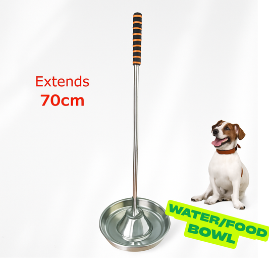 Extendable Pet Food Bowl: Stainless Steel, Ergonomic 70cm Handle